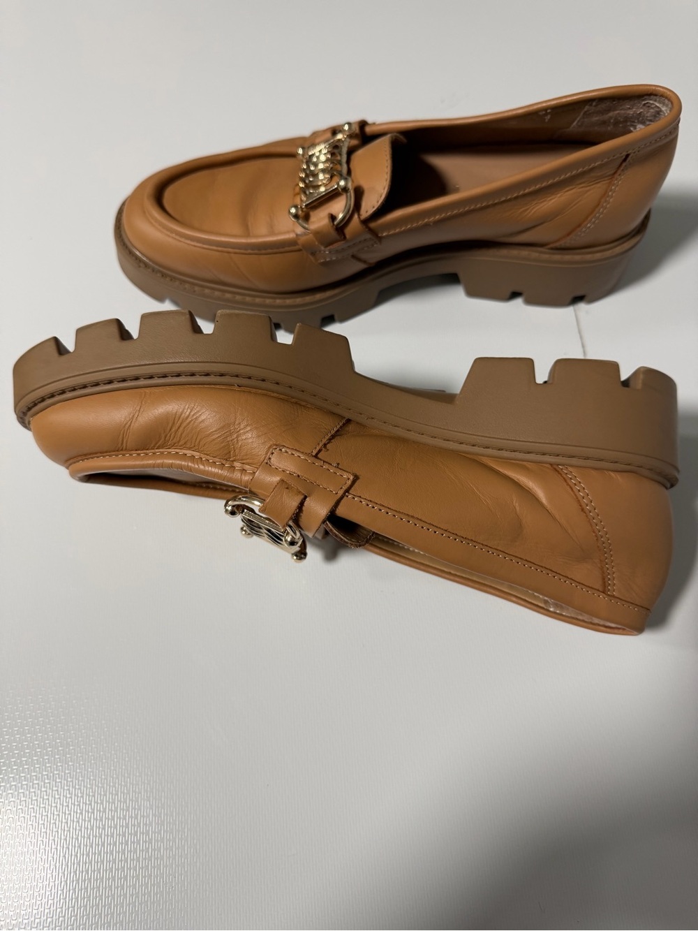 Chunky Lug-Sole Loafers in Cognac with Gold Chain Accent